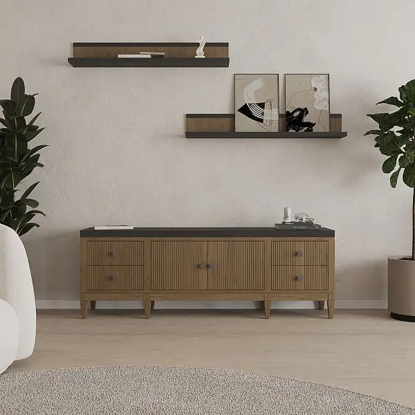 (4.2.3) Тумба ТВ с ящиками дуб Фокстрот 024B (дуб натуральный/бетон)