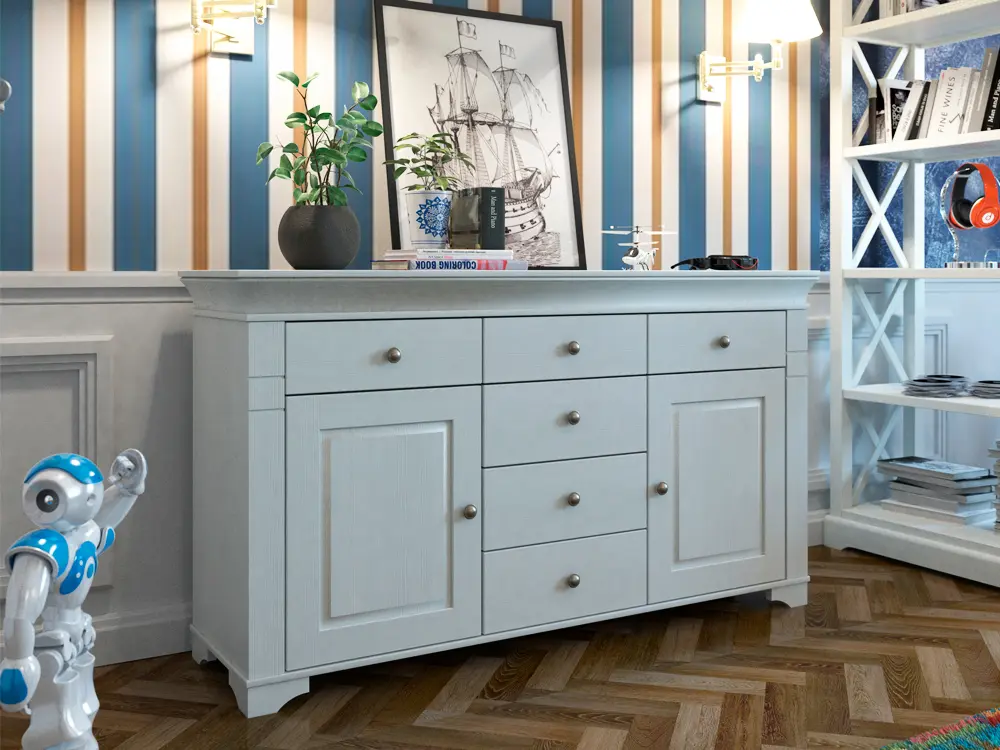 Комод с 6 ящиками массив Бейли 2 двери 6-ящ белый воск