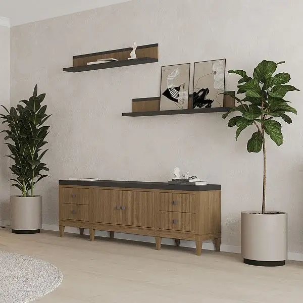 (4.2.3) Тумба ТВ с ящиками дуб Фокстрот 024B (дуб натуральный/бетон)