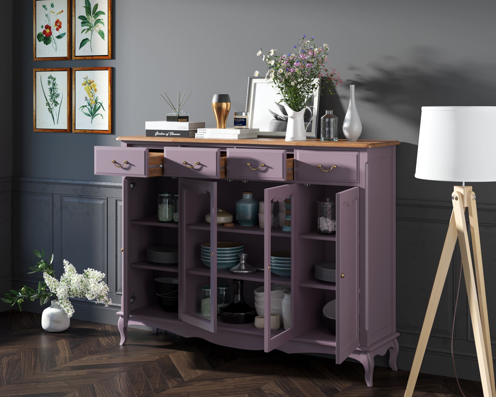 Комод-витрина с ящиками массив Leontina Lavanda арт ST9363L