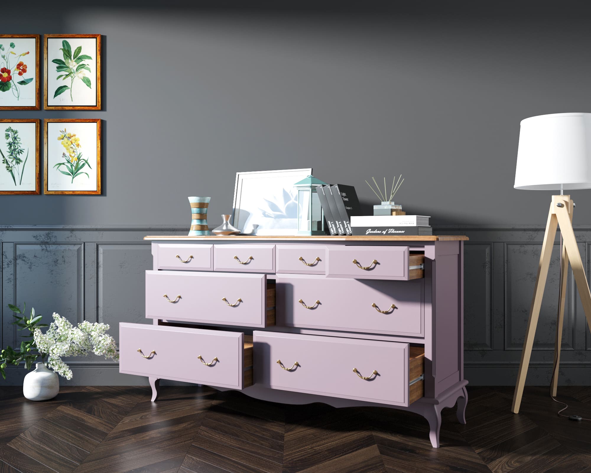 Большой комод Leontina Lavanda на восемь ящиков арт ST9335/2L