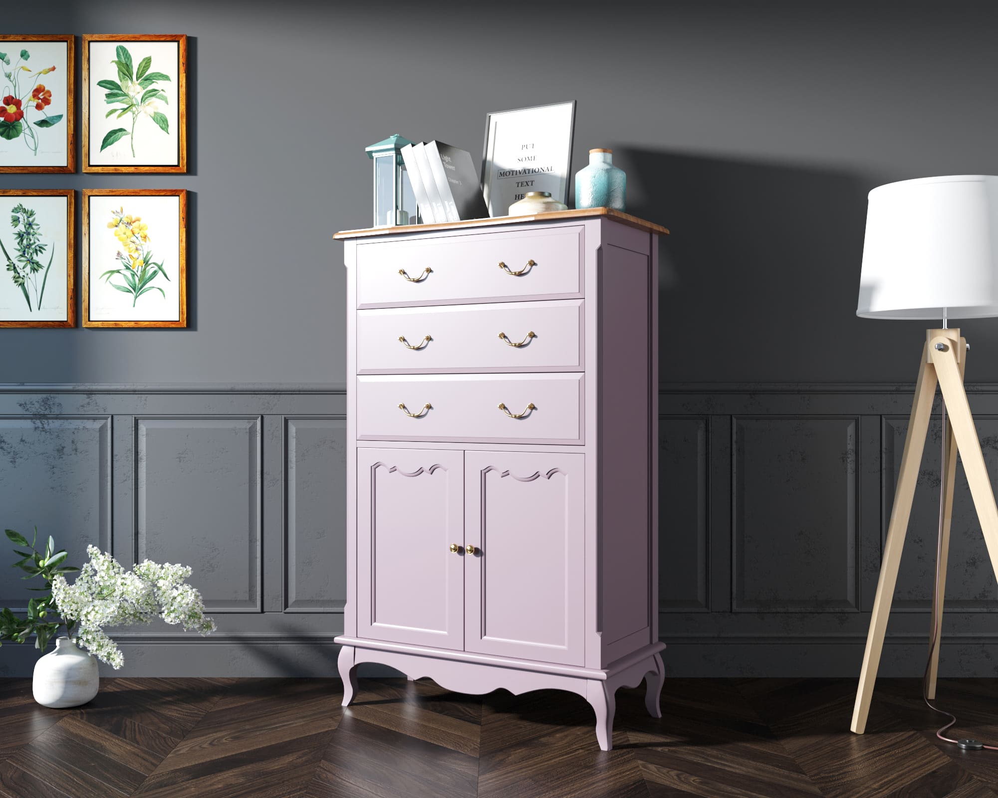 Комод деревянный Leontina Lavanda три ящика две дверки арт ST9354L