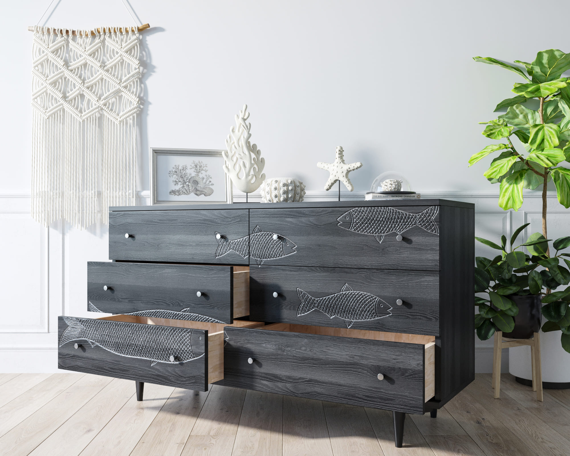 Комод "Boho" 6 ящиков с рыбами арт BH01