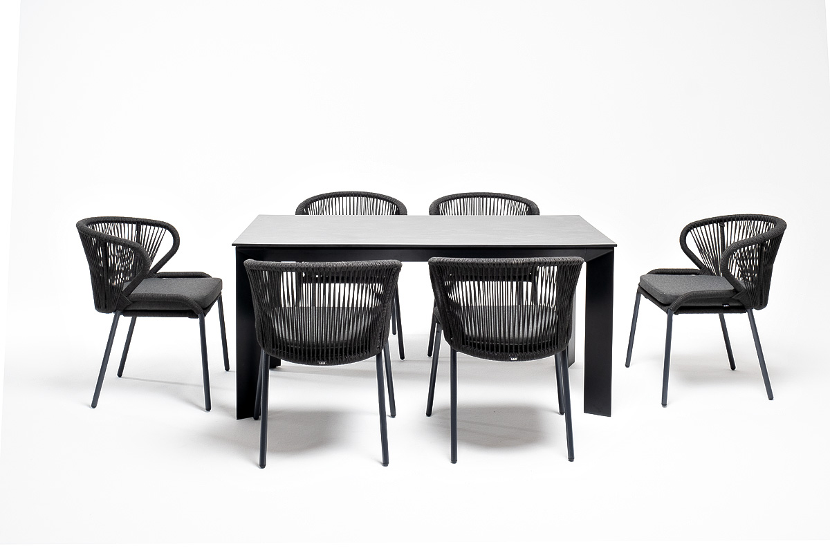 "Венецио" обеденная группа на 6 персон со стульями "Миленто", каркас темно-серый, роуп темно-серый